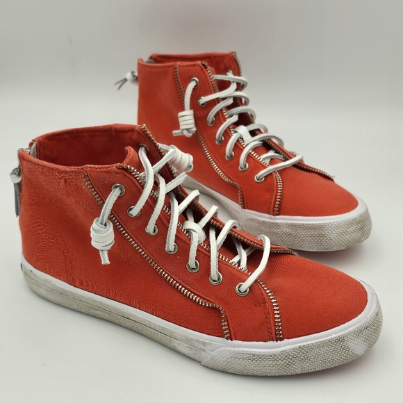 Sperry x Rebecca Minkoff Washed Canvas High Top Sneakers, Orange, Women's 7.5 - Picture 1 of 16